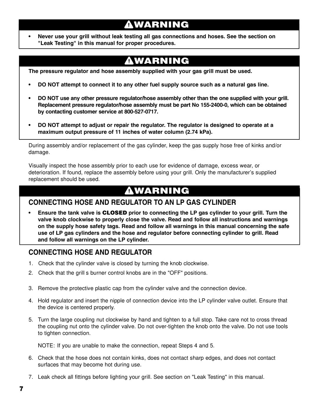 Brinkmann Series 2210 owner manual Connecting Hose and Regulator to AN LP GAS Cylinder 