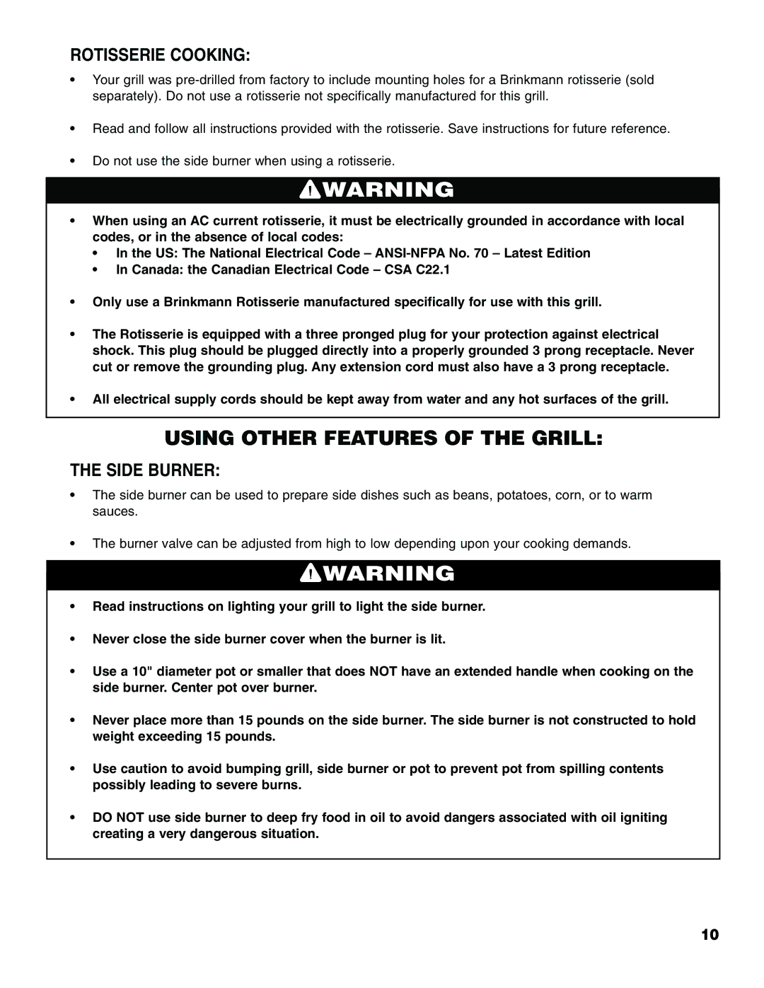 Brinkmann Series 2630 owner manual Rotisserie Cooking, Side Burner 