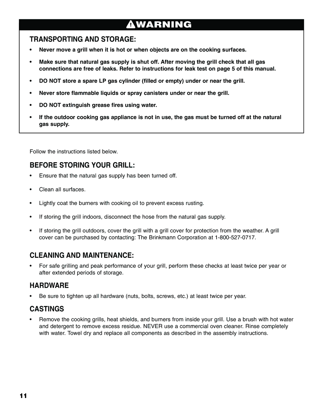 Brinkmann Series 2630 Transporting and Storage, Before Storing Your Grill, Cleaning and Maintenance, Hardware, Castings 