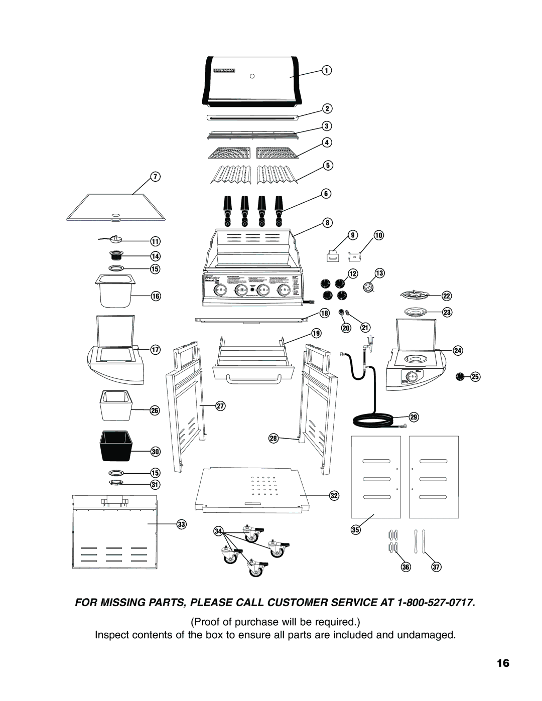 Brinkmann Series 2630 owner manual For Missing PARTS, Please Call Customer Service AT 