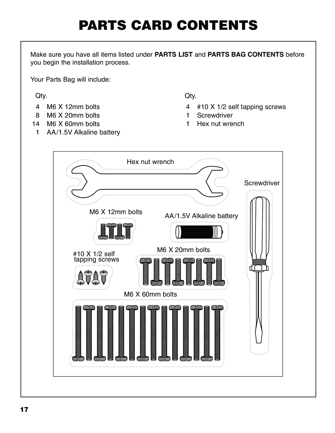 Brinkmann Series 2630 owner manual Parts Card Contents 