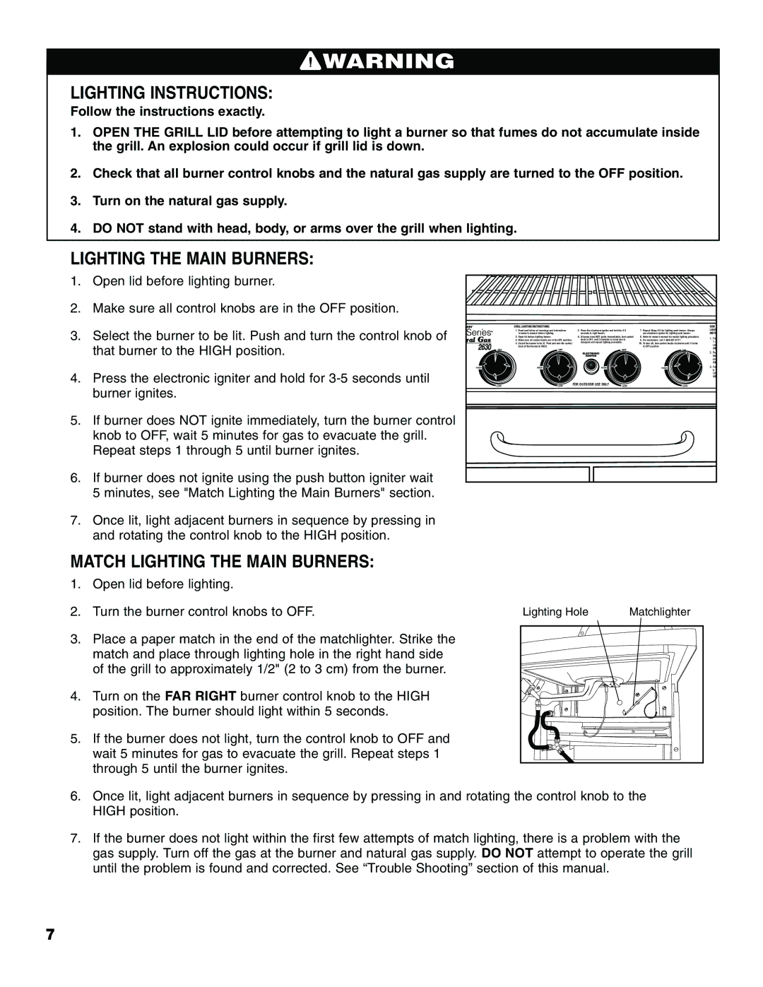 Brinkmann Series 2630 owner manual Lighting Instructions, Match Lighting the Main Burners 