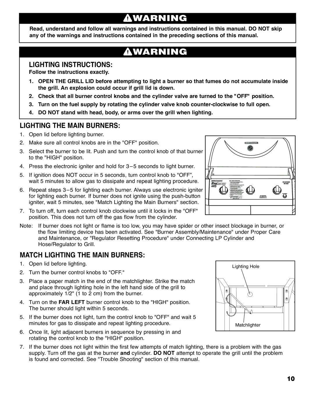 Brinkmann Series 4415 owner manual Lighting Instructions, Match Lighting the Main Burners 