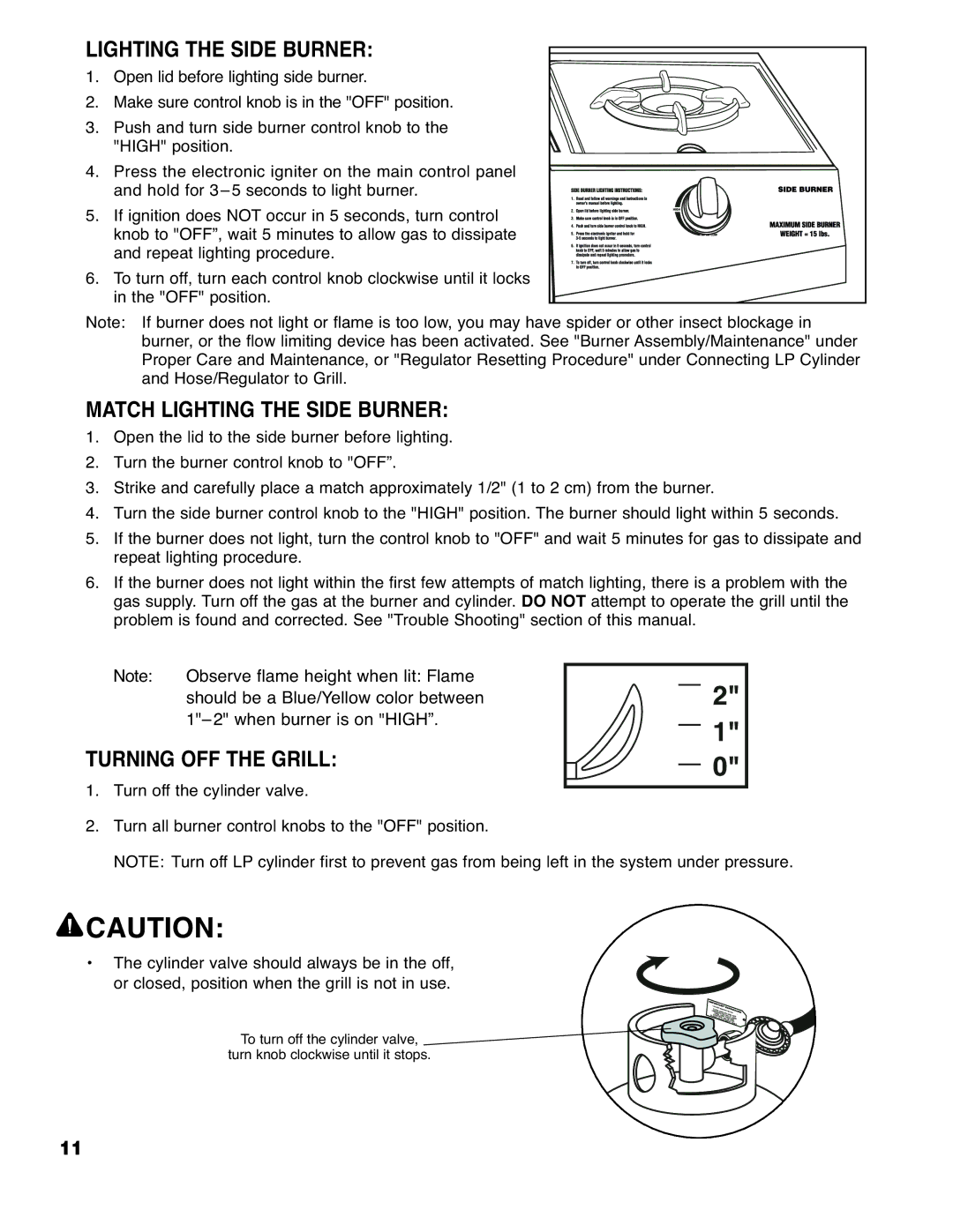 Brinkmann Series 4415 owner manual Match Lighting the Side Burner, Turning OFF the Grill 