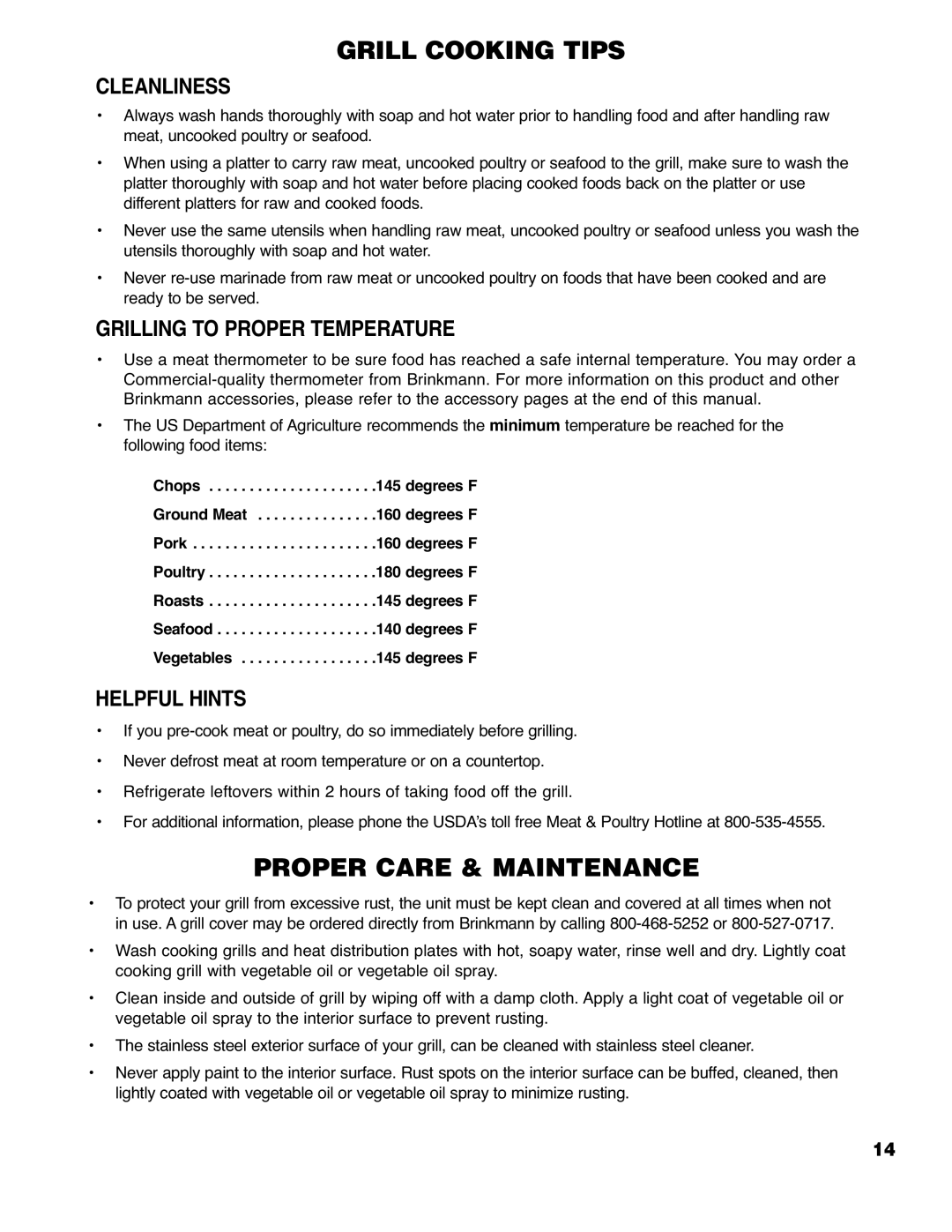 Brinkmann Series 4415 owner manual Cleanliness, Grilling to Proper Temperature, Helpful Hints 