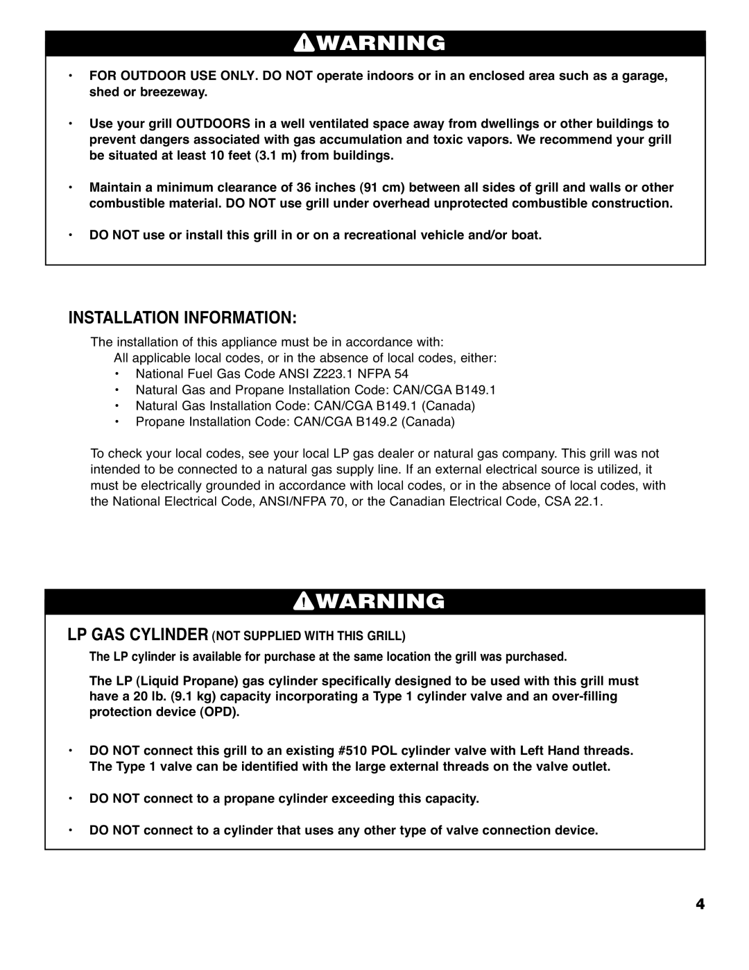 Brinkmann Series 4415 owner manual Installation Information, LP GAS Cylinder not Supplied with this Grill 