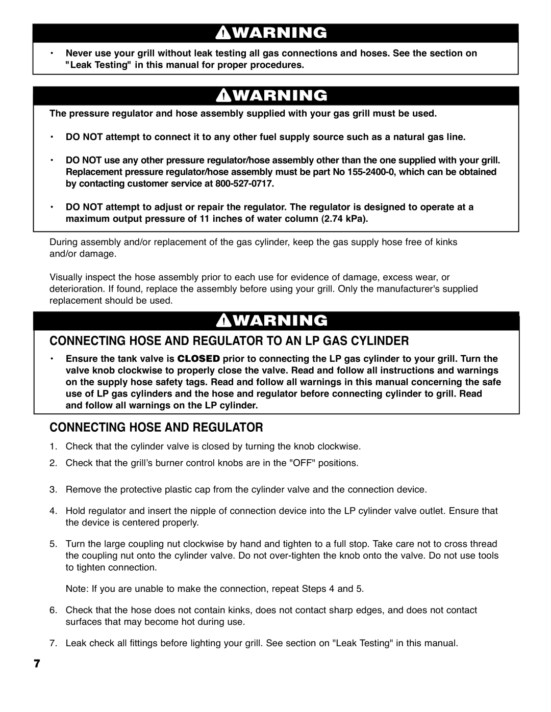 Brinkmann Series 4415 owner manual Connecting Hose and Regulator to AN LP GAS Cylinder 