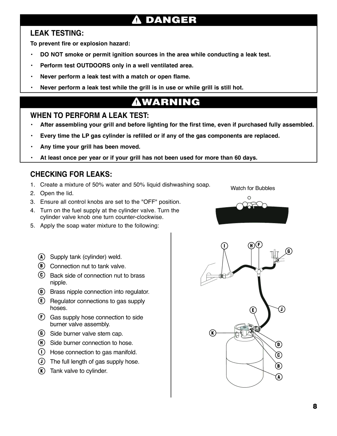 Brinkmann Series 4415 owner manual Leak Testing, When to Perform a Leak Test, Checking for Leaks 