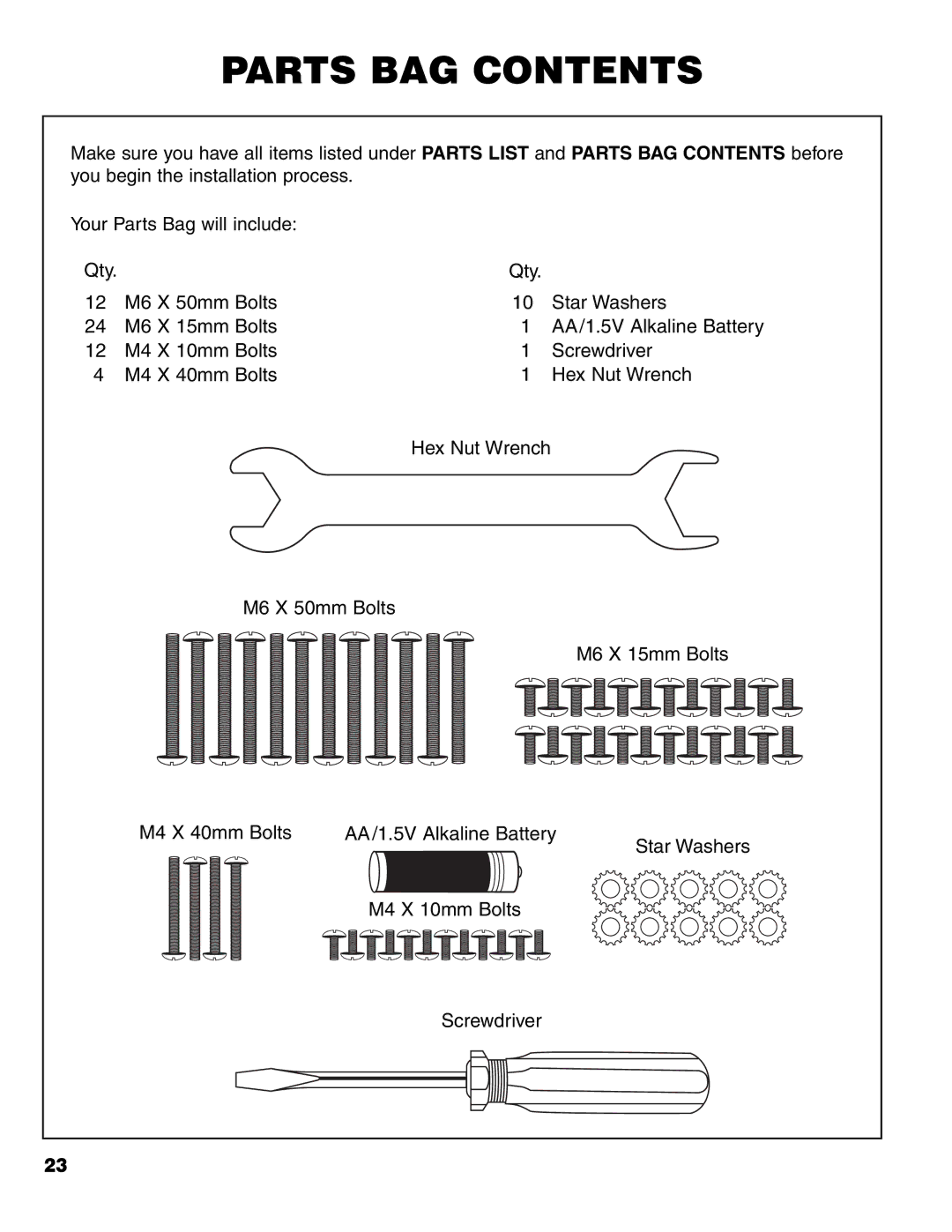 Brinkmann Series 4435 owner manual Parts BAG Contents 