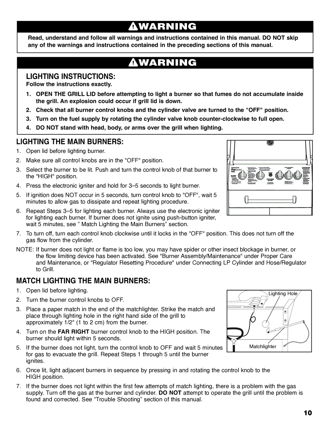 Brinkmann Series 4445 owner manual Lighting Instructions, Match Lighting the Main Burners 