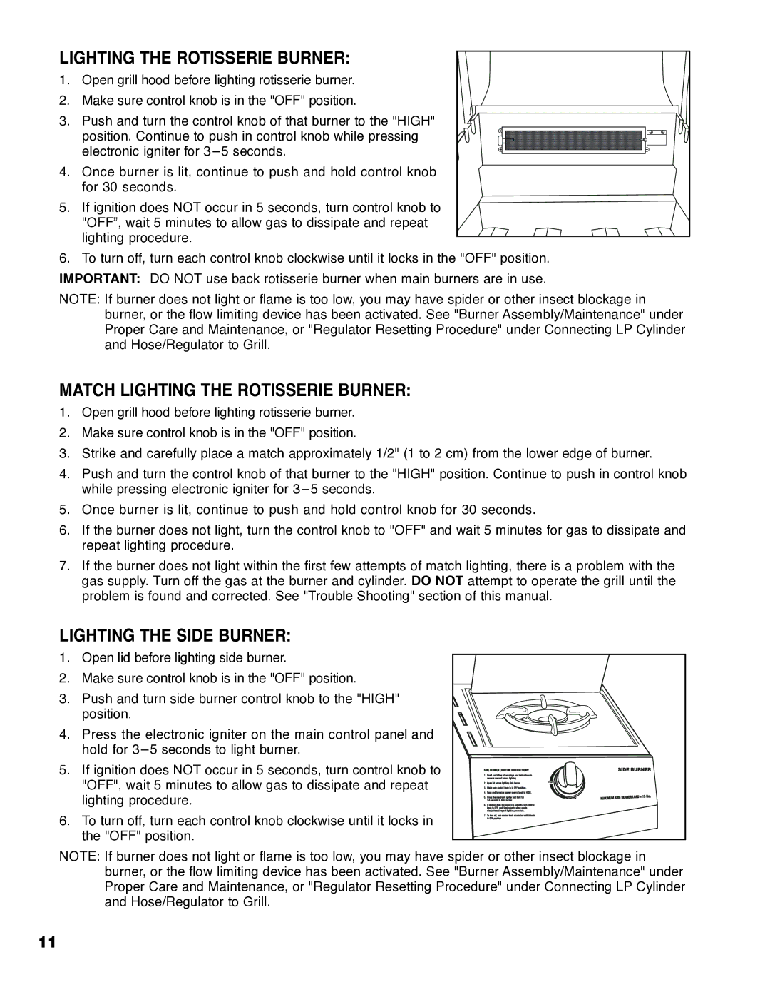 Brinkmann Series 4445 owner manual Match Lighting the Rotisserie Burner, Lighting the Side Burner 