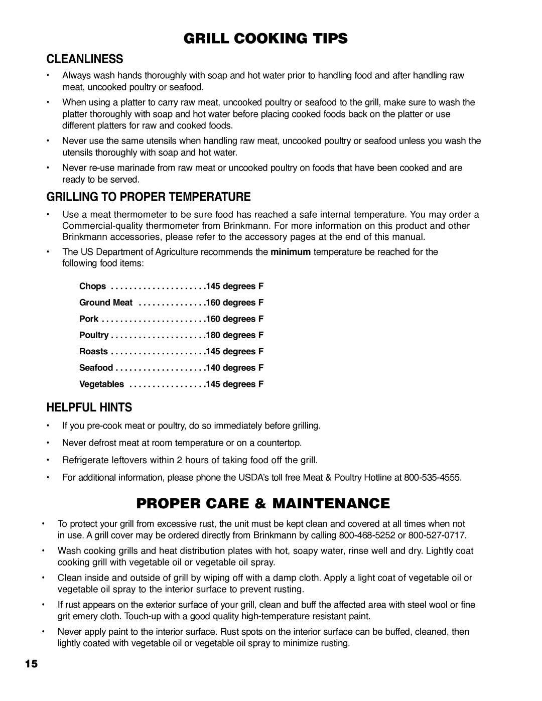 Brinkmann Series 4445 owner manual Cleanliness, Grilling to Proper Temperature, Helpful Hints 