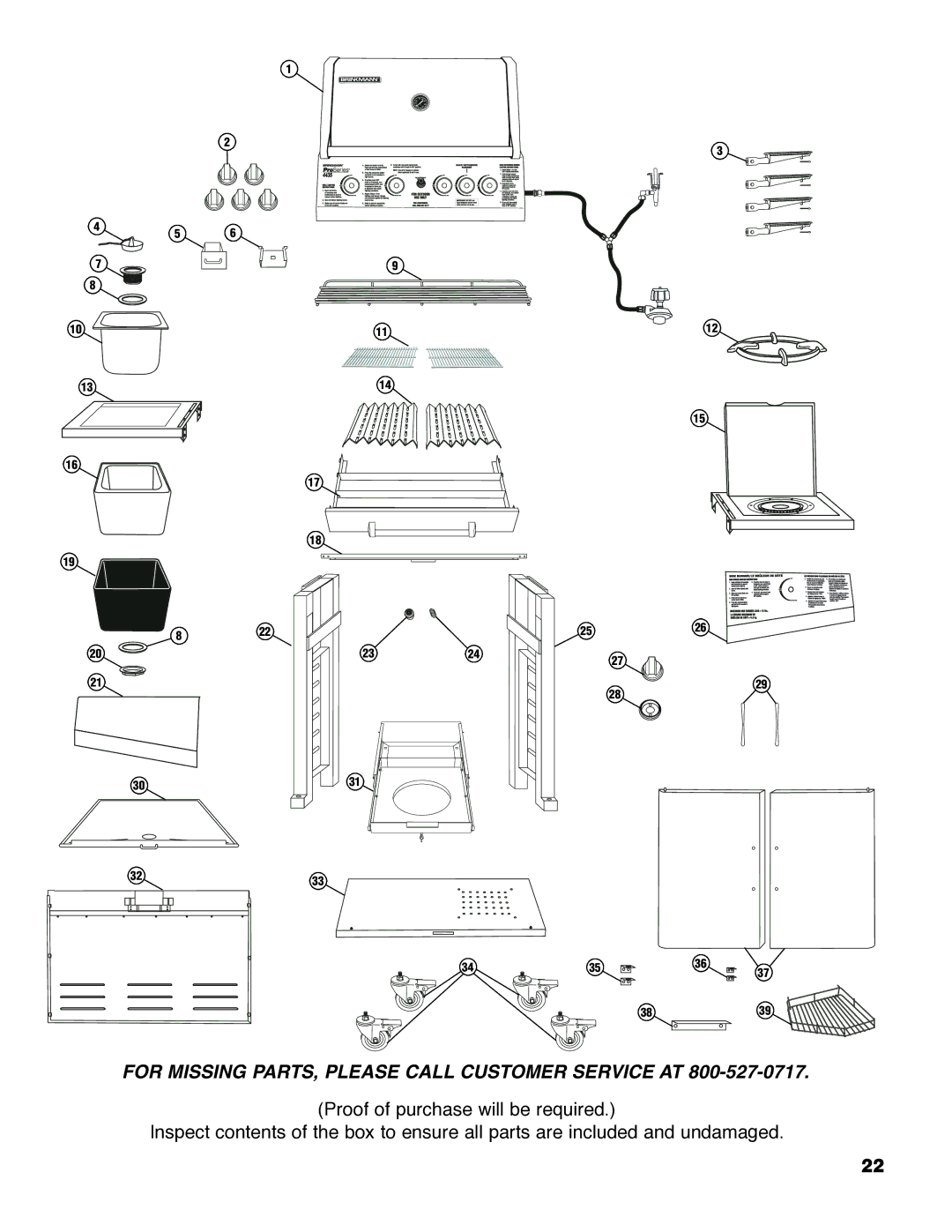 Brinkmann Series 4445 owner manual For Missing PARTS, Please Call Customer Service AT 