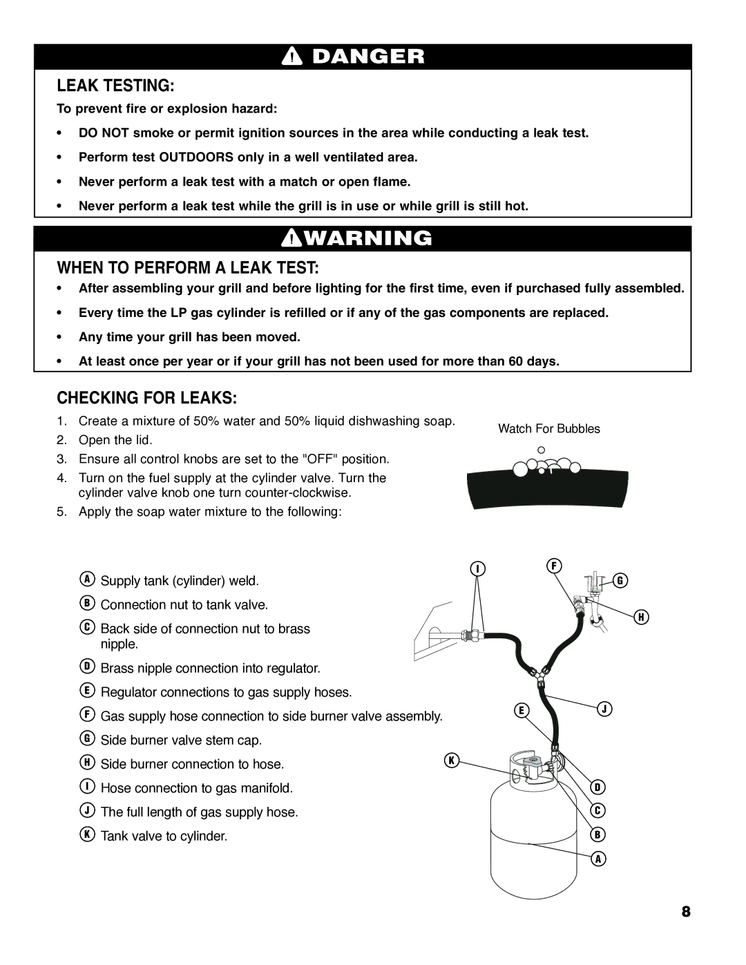 Brinkmann Series 4445 owner manual Leak Testing, When to Perform a Leak Test, Checking for Leaks 