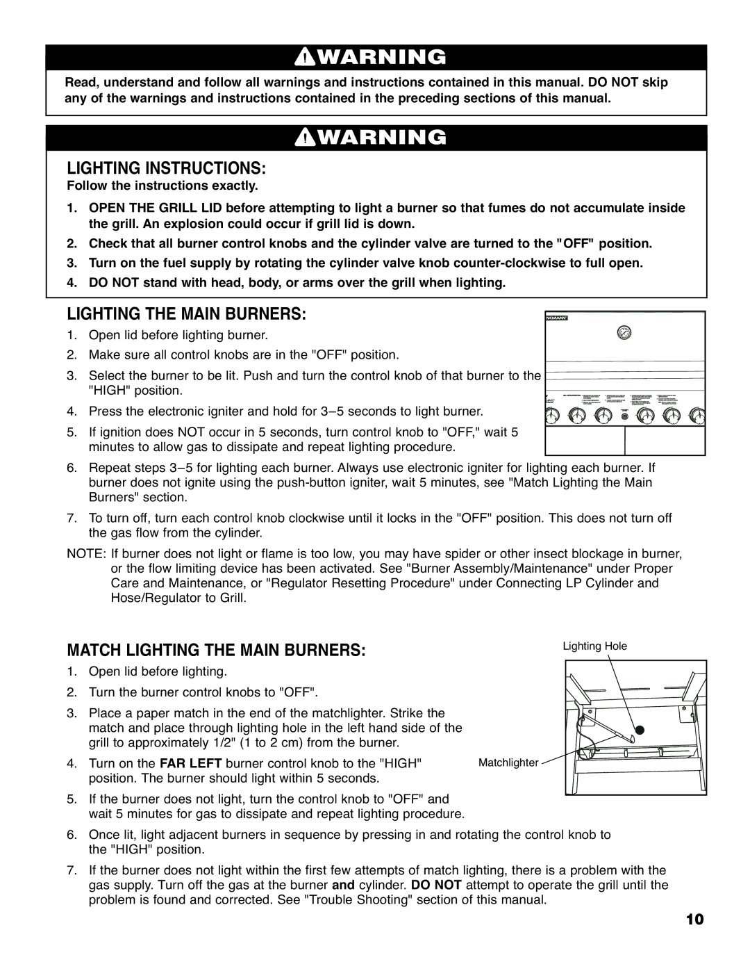 Brinkmann Series 4615 owner manual Lighting Instructions, Match Lighting the Main Burners 