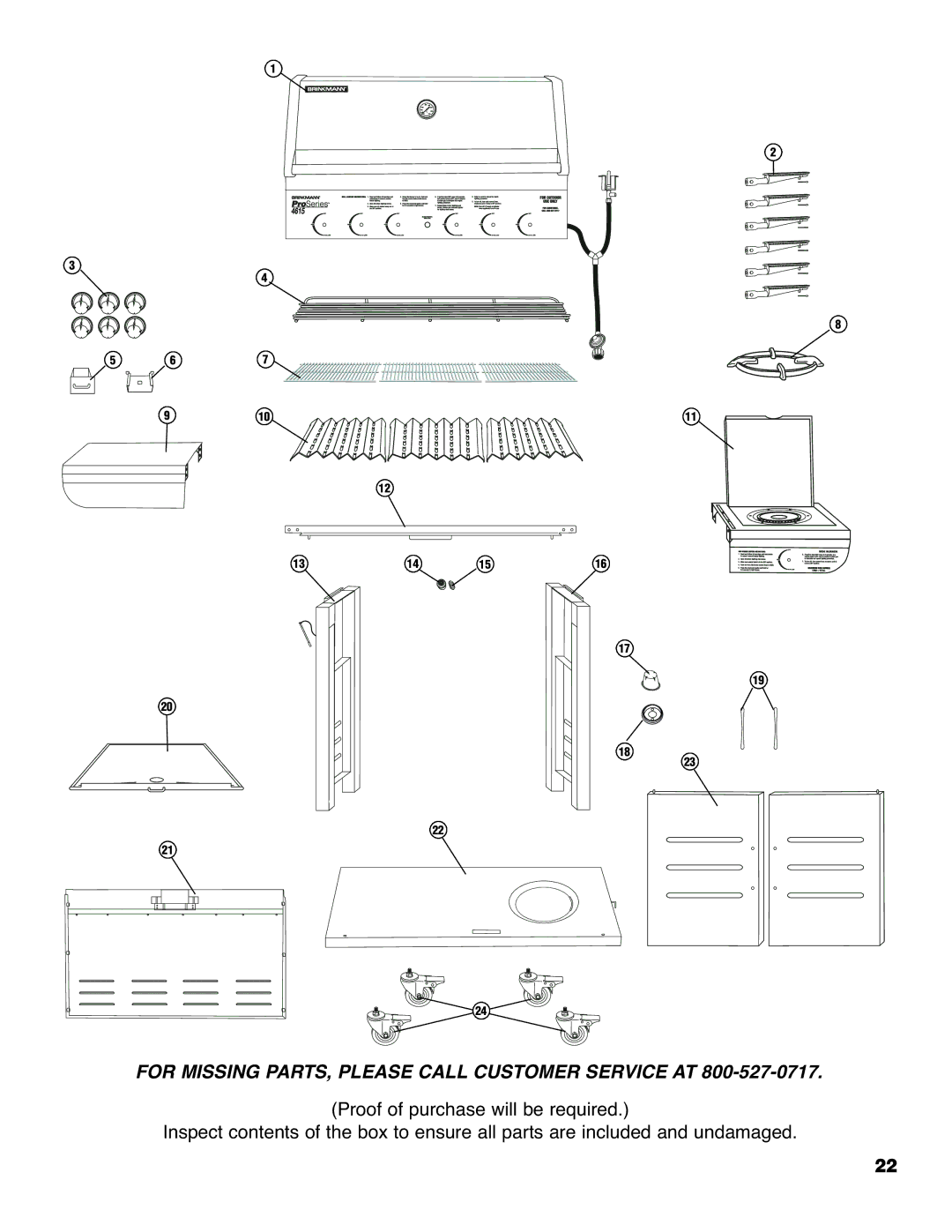 Brinkmann Series 4615 owner manual For Missing PARTS, Please Call Customer Service AT 