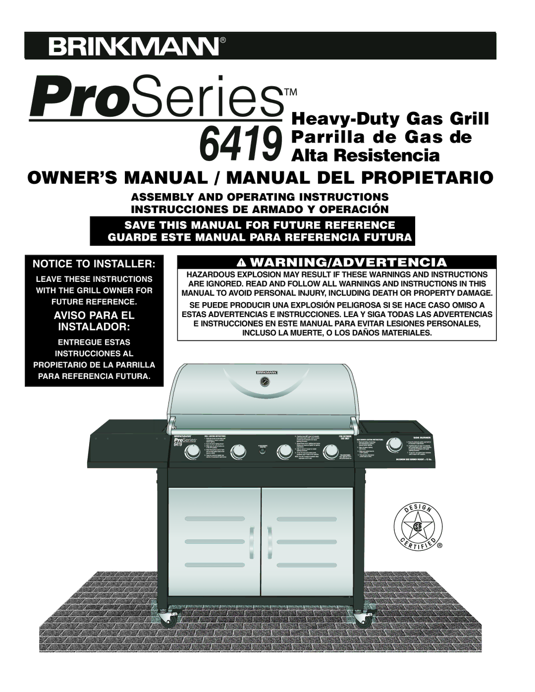 Brinkmann Series 6419 owner manual Heavy-Duty Gas Grill Parrilla de Gas de Alta Resistencia 