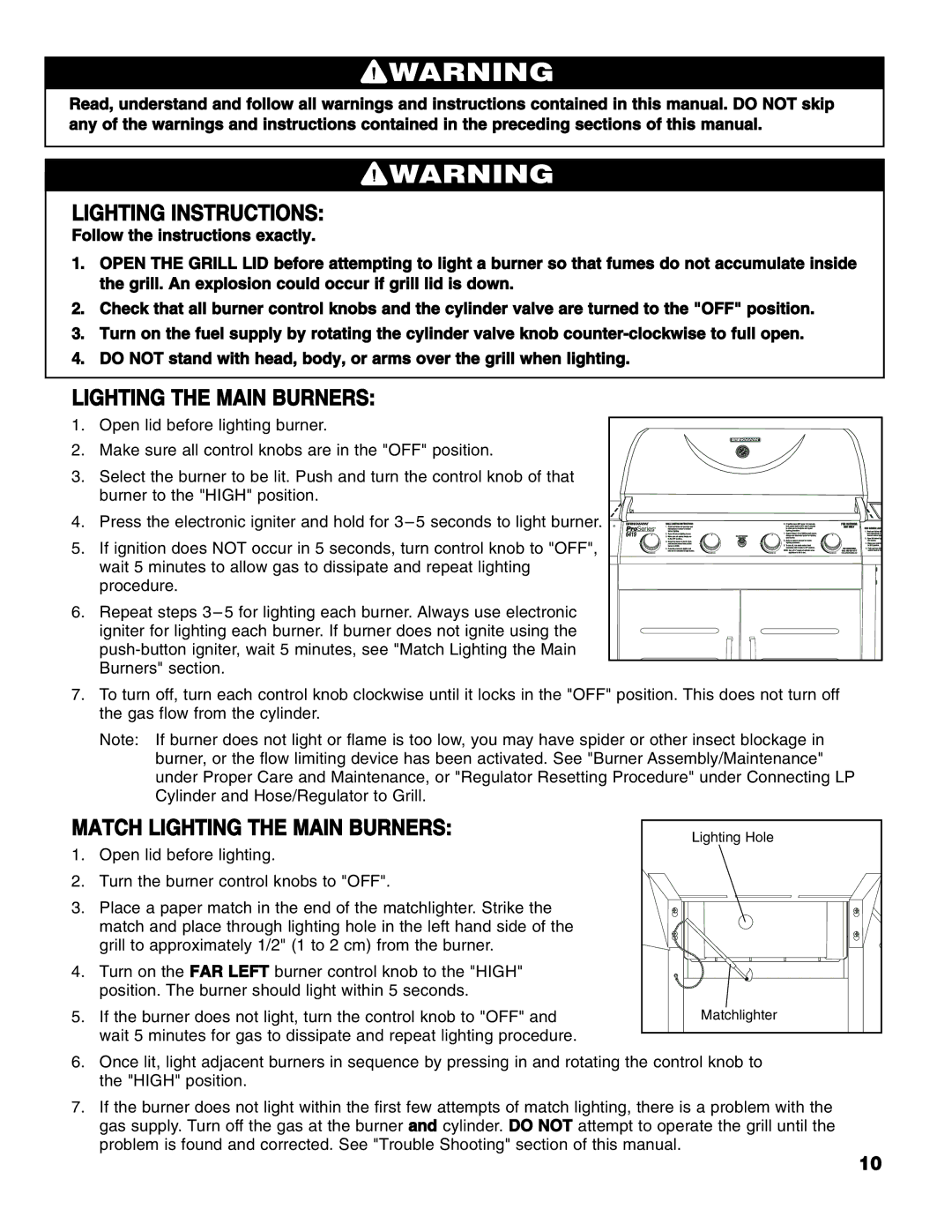 Brinkmann Series 6419 owner manual Lighting Instructions, Match Lighting the Main Burners 