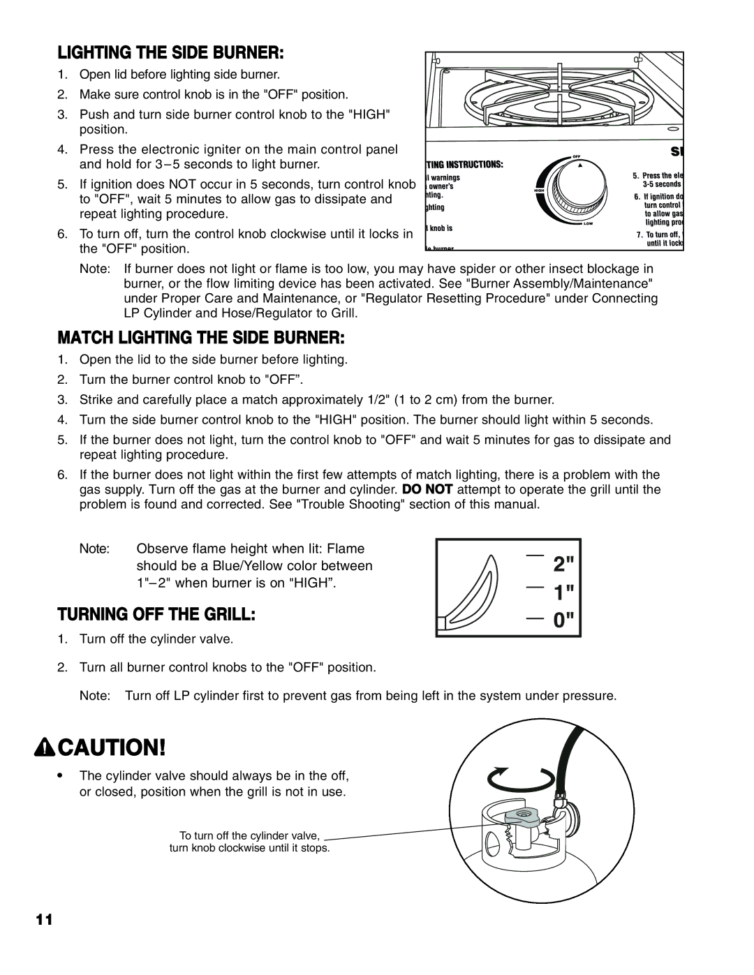 Brinkmann Series 6419 owner manual Match Lighting the Side Burner, Turning OFF the Grill 