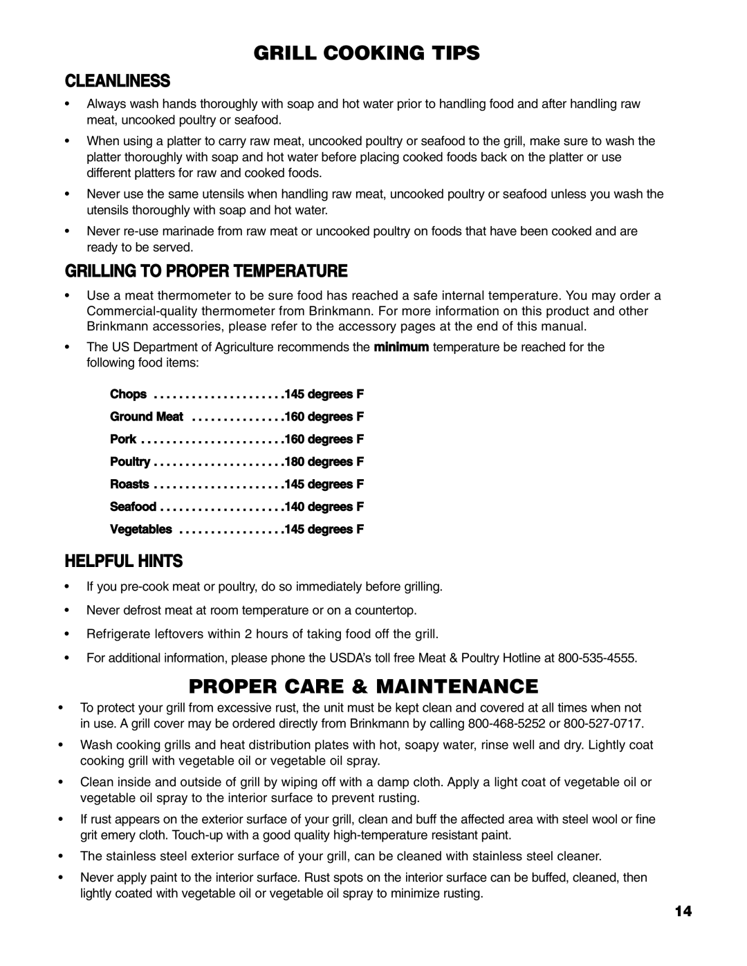 Brinkmann Series 6419 owner manual Cleanliness, Grilling to Proper Temperature, Helpful Hints 