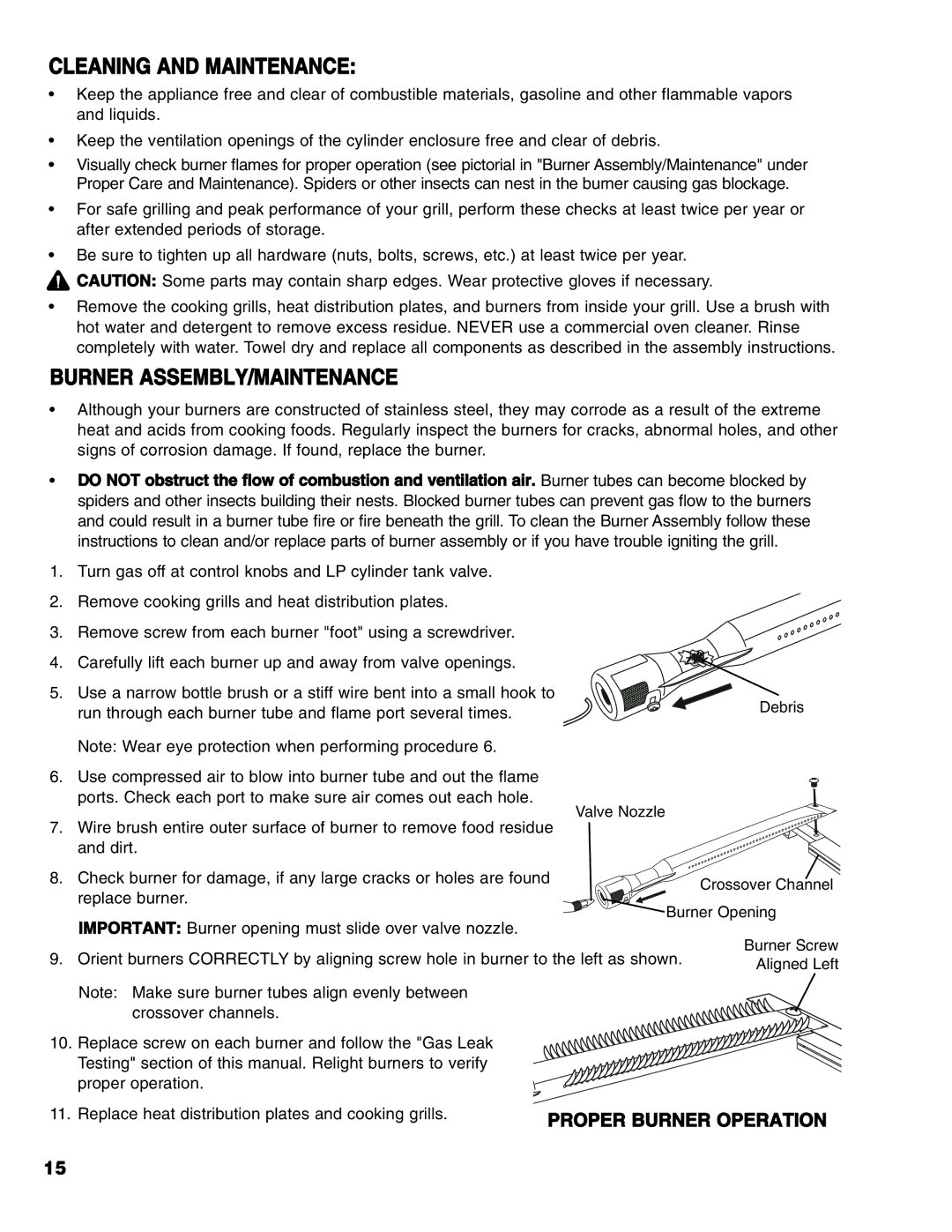 Brinkmann Series 6419 owner manual Cleaning and Maintenance, Burner ASSEMBLY/MAINTENANCE 