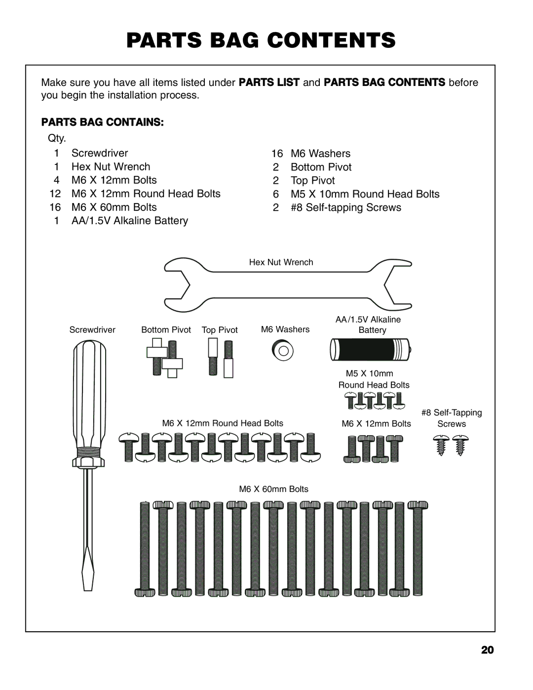 Brinkmann Series 6419 owner manual Parts BAG Contents 