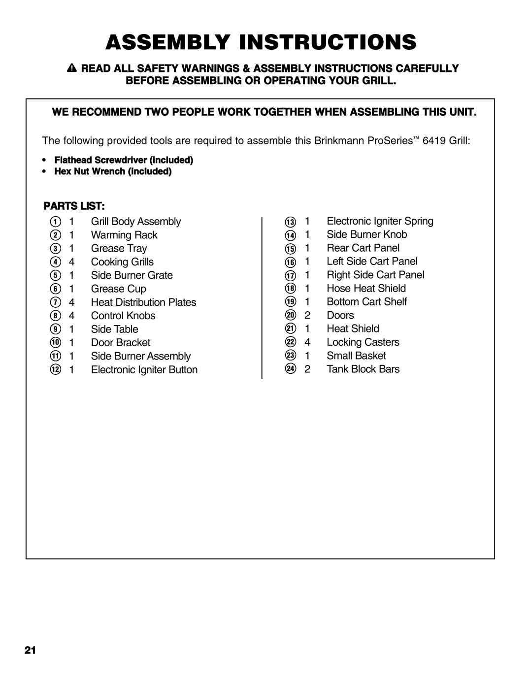 Brinkmann Series 6419 owner manual Assembly Instructions, Parts List 