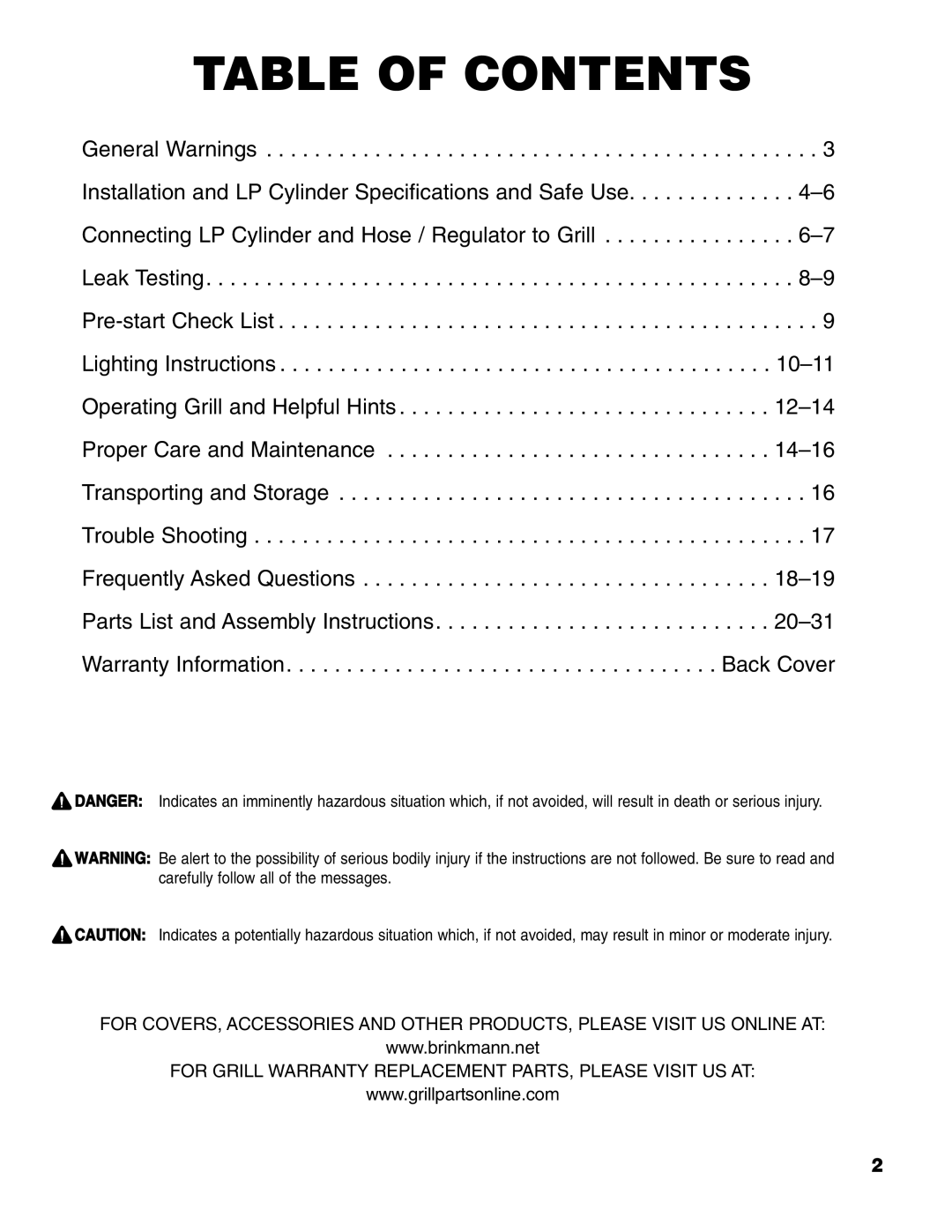 Brinkmann Series 6419 owner manual Table of Contents 