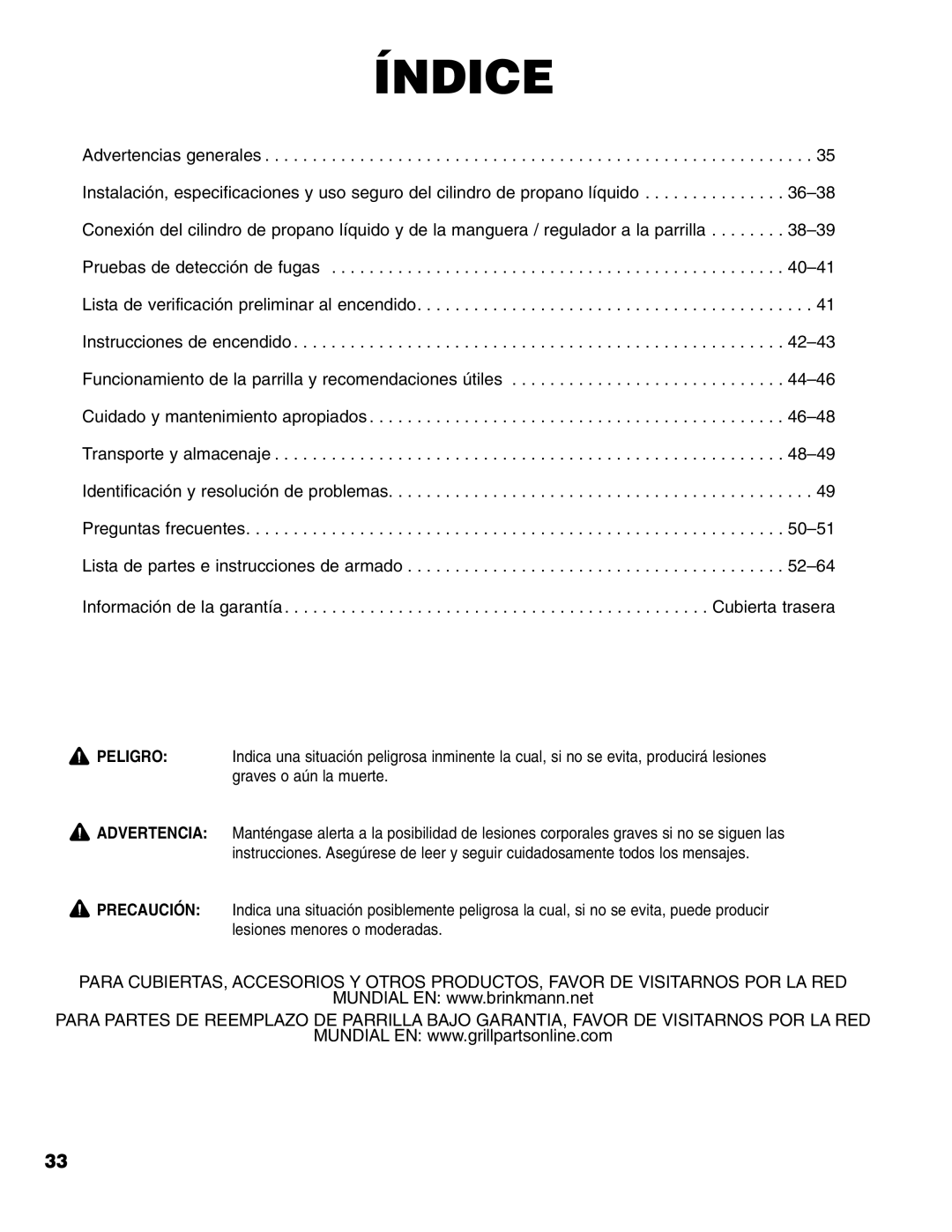 Brinkmann Series 6419 owner manual Índice 