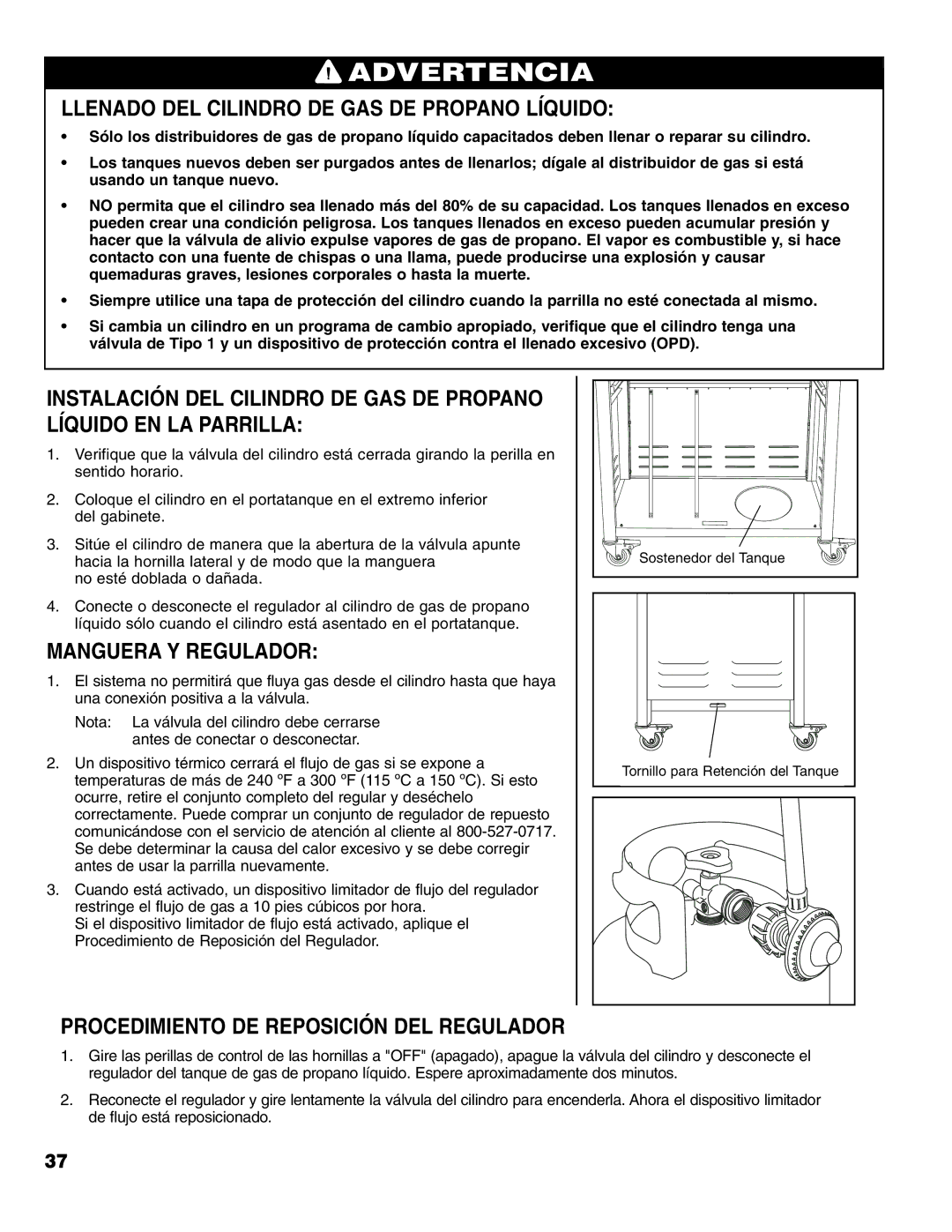 Brinkmann Series 6419 owner manual Llenado DEL Cilindro DE GAS DE Propano Líquido, Manguera Y Regulador 