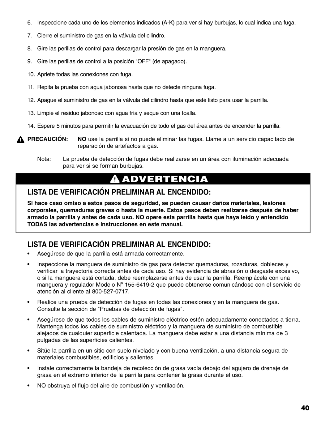 Brinkmann Series 6419 owner manual Lista DE Verificación Preliminar AL Encendido 