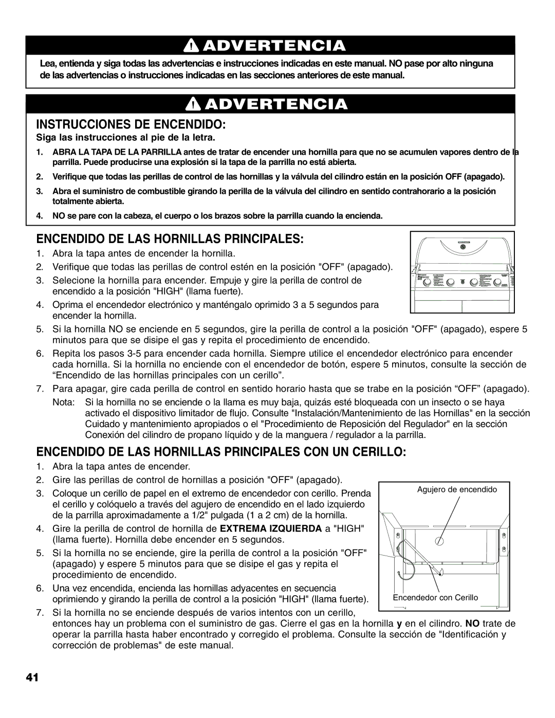 Brinkmann Series 6419 owner manual Instrucciones DE Encendido, Encendido DE LAS Hornillas Principales 