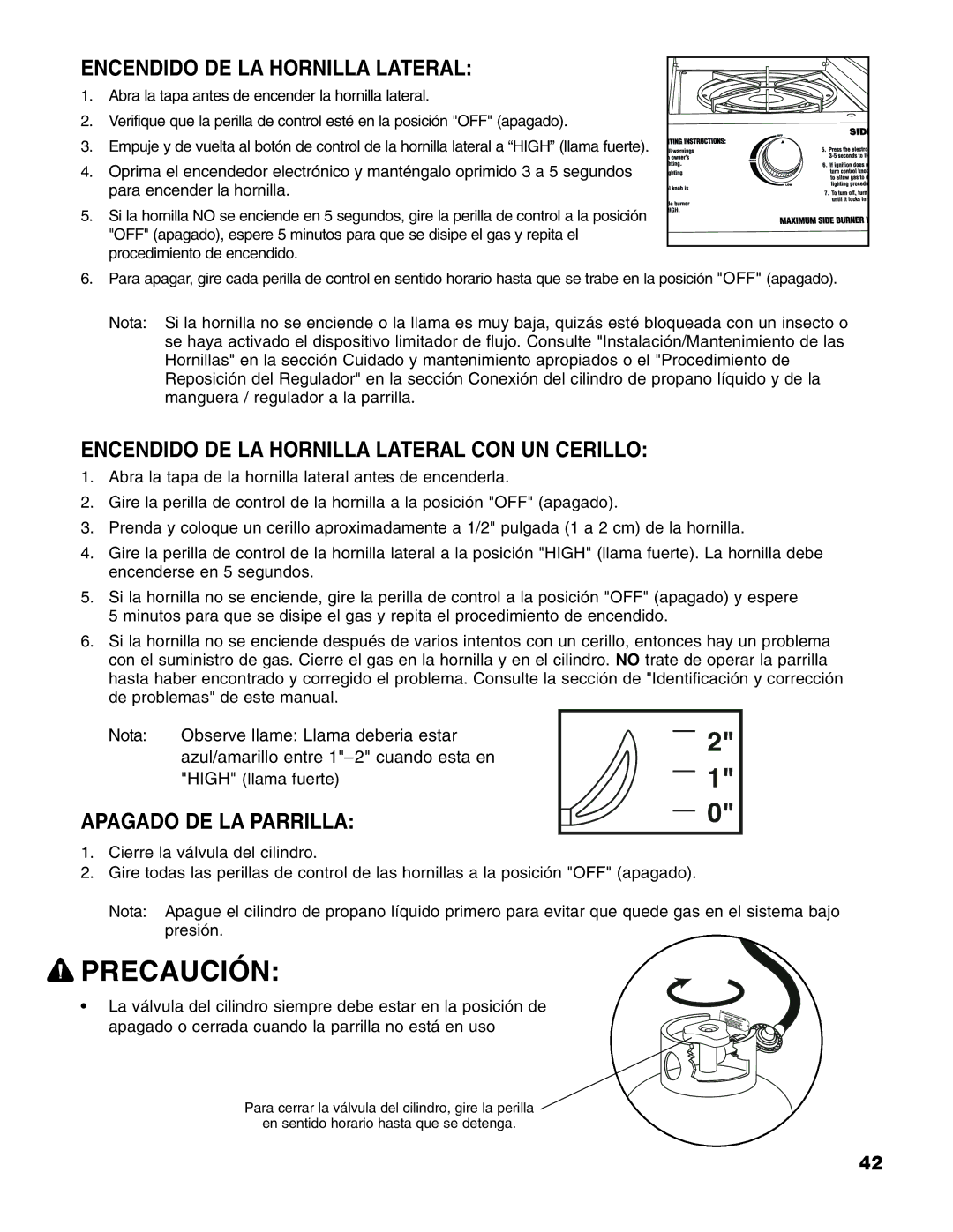 Brinkmann Series 6419 owner manual Encendido DE LA Hornilla Lateral CON UN Cerillo, Apagado DE LA Parrilla 