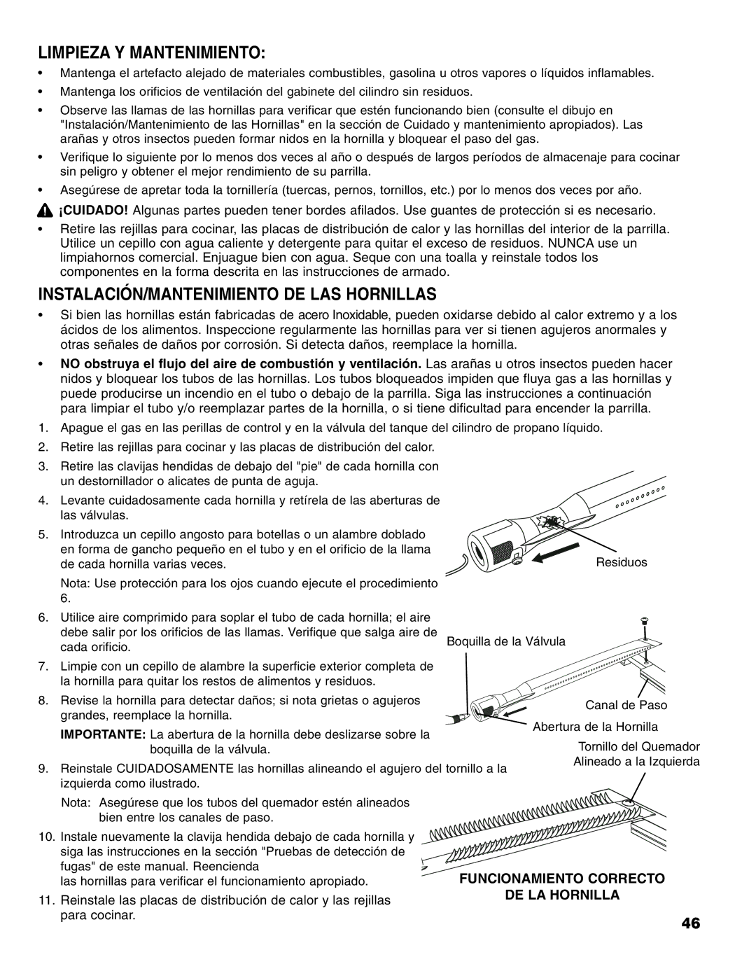 Brinkmann Series 6419 owner manual Limpieza Y Mantenimiento, INSTALACIÓN/MANTENIMIENTO DE LAS Hornillas 