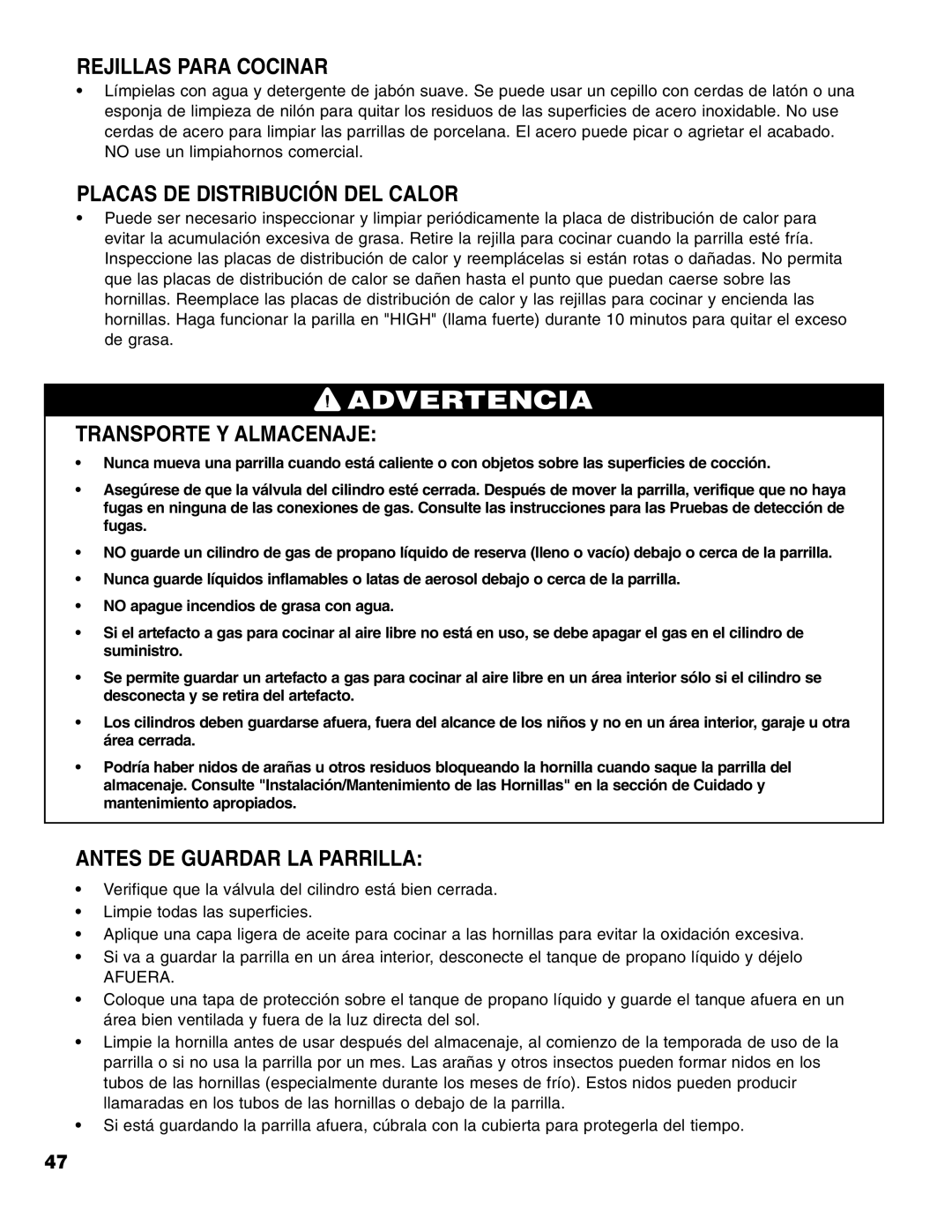 Brinkmann Series 6419 owner manual Rejillas Para Cocinar, Placas DE Distribución DEL Calor, Transporte Y Almacenaje 