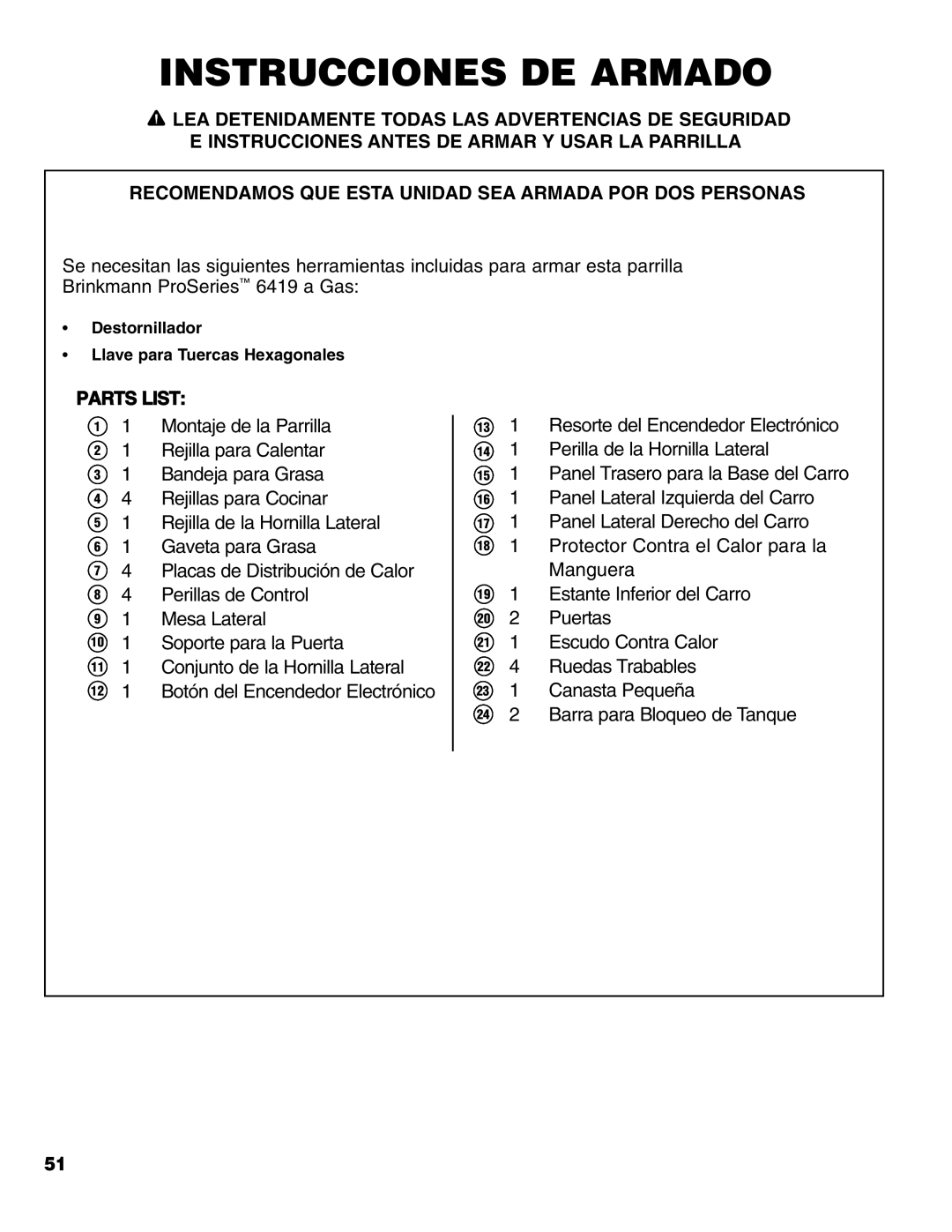 Brinkmann Series 6419 owner manual Instrucciones DE Armado 