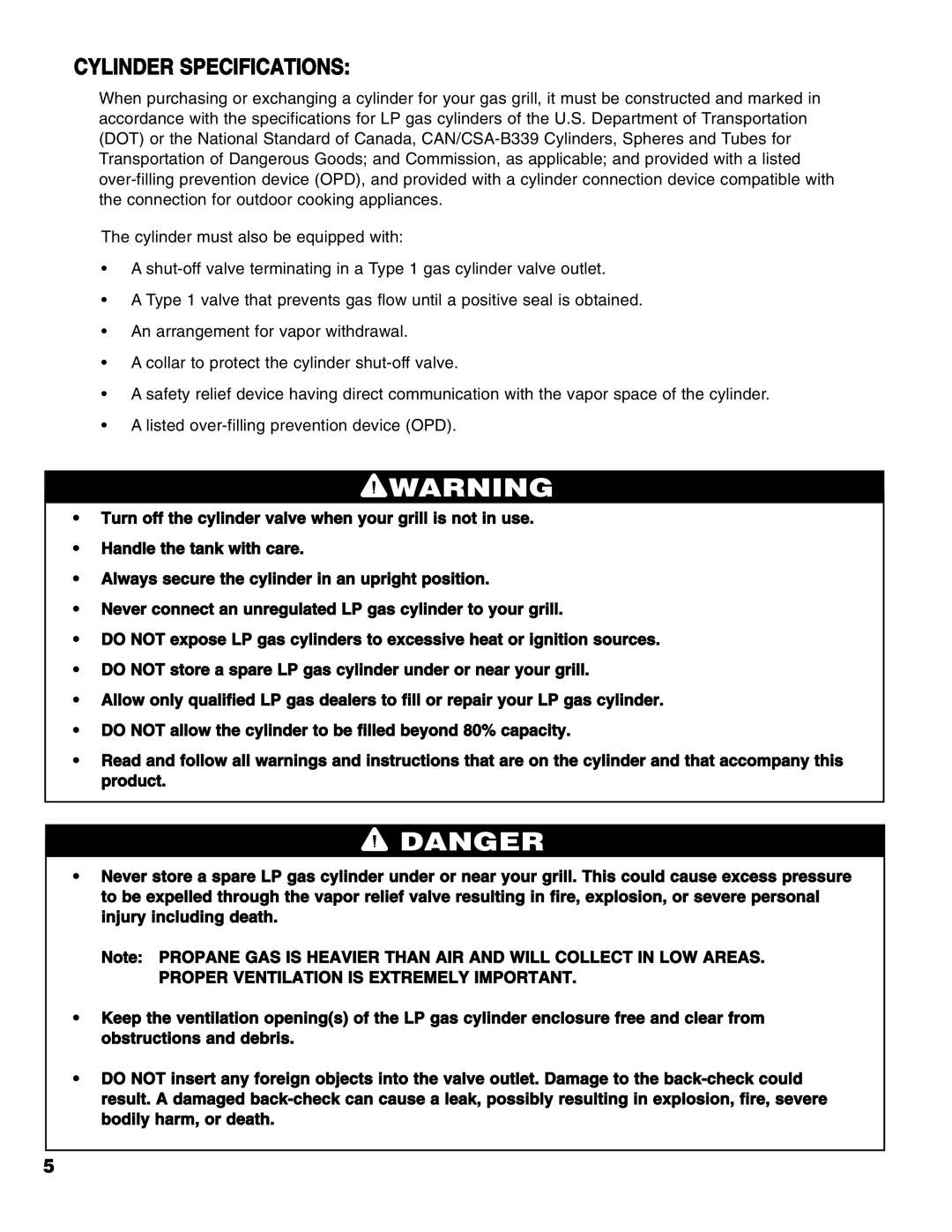 Brinkmann Series 6419 owner manual Cylinder Specifications 