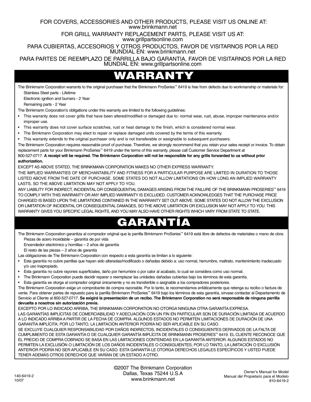 Brinkmann Series 6419 owner manual Warranty 