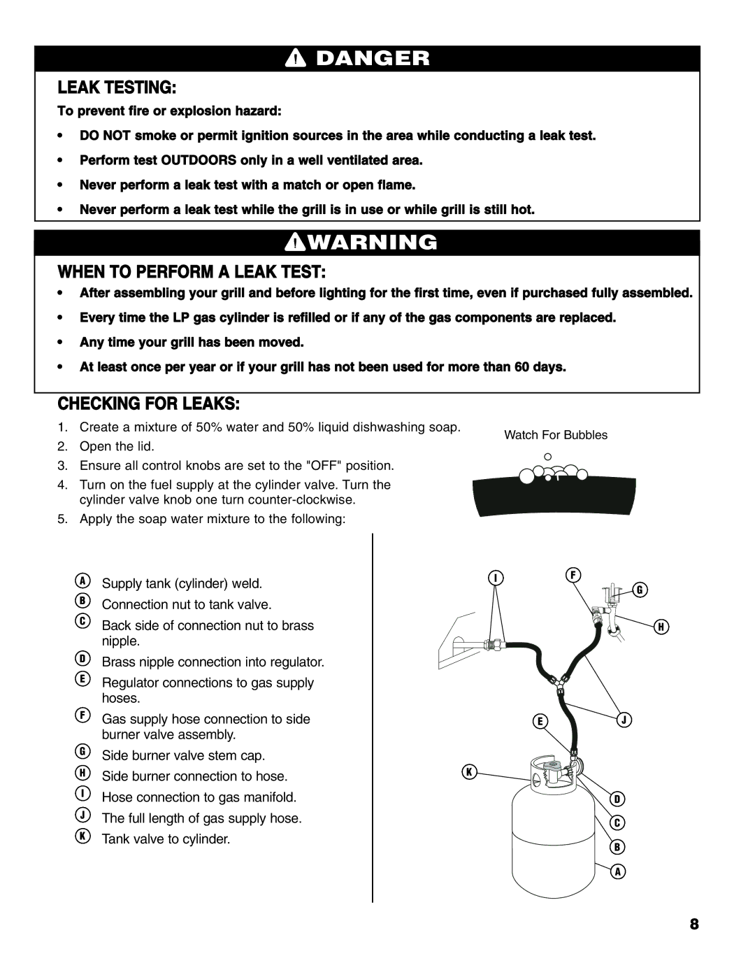 Brinkmann Series 6419 owner manual Leak Testing, When to Perform a Leak Test, Checking for Leaks 