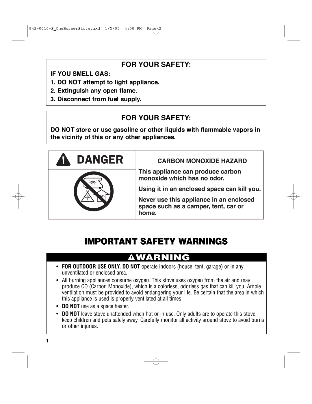 Brinkmann SINGLE BURNER PROPANE STOVE owner manual Important Safety Warnings, For Your Safety 