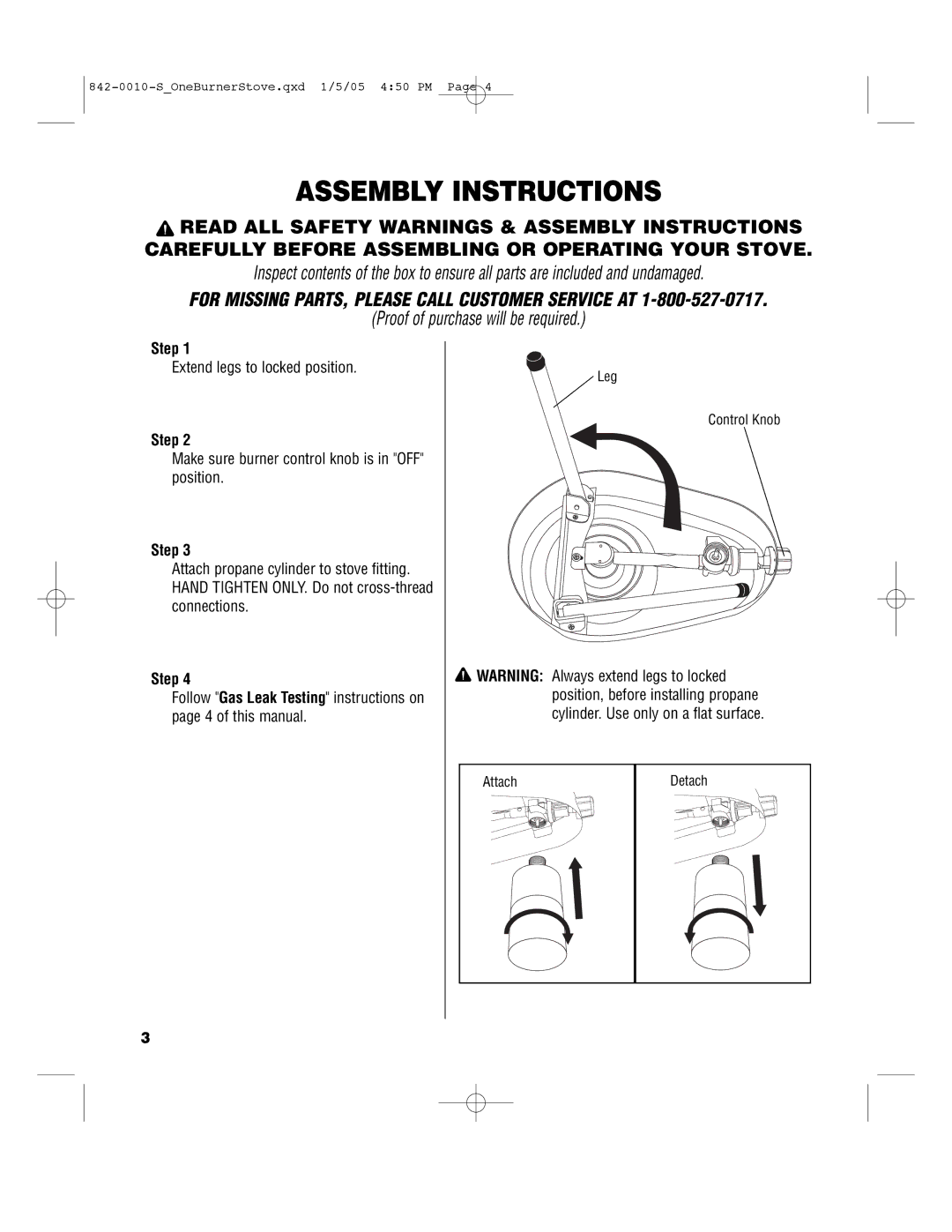 Brinkmann SINGLE BURNER PROPANE STOVE Assembly Instructions, For Missing PARTS, Please Call Customer Service AT 