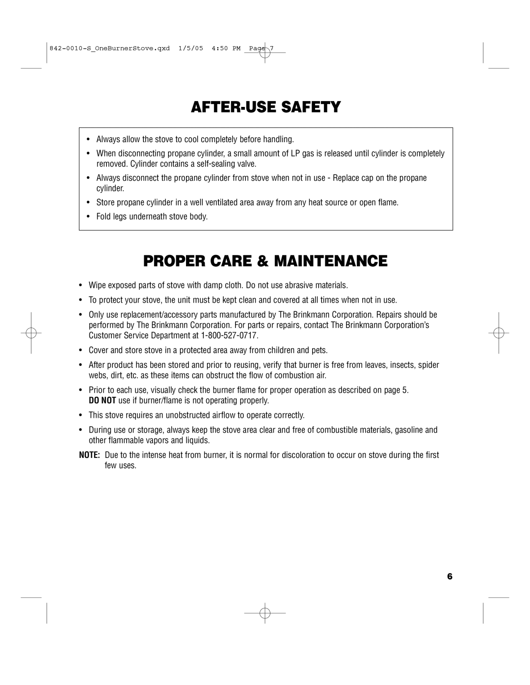 Brinkmann SINGLE BURNER PROPANE STOVE owner manual AFTER-USE Safety, Proper Care & Maintenance 