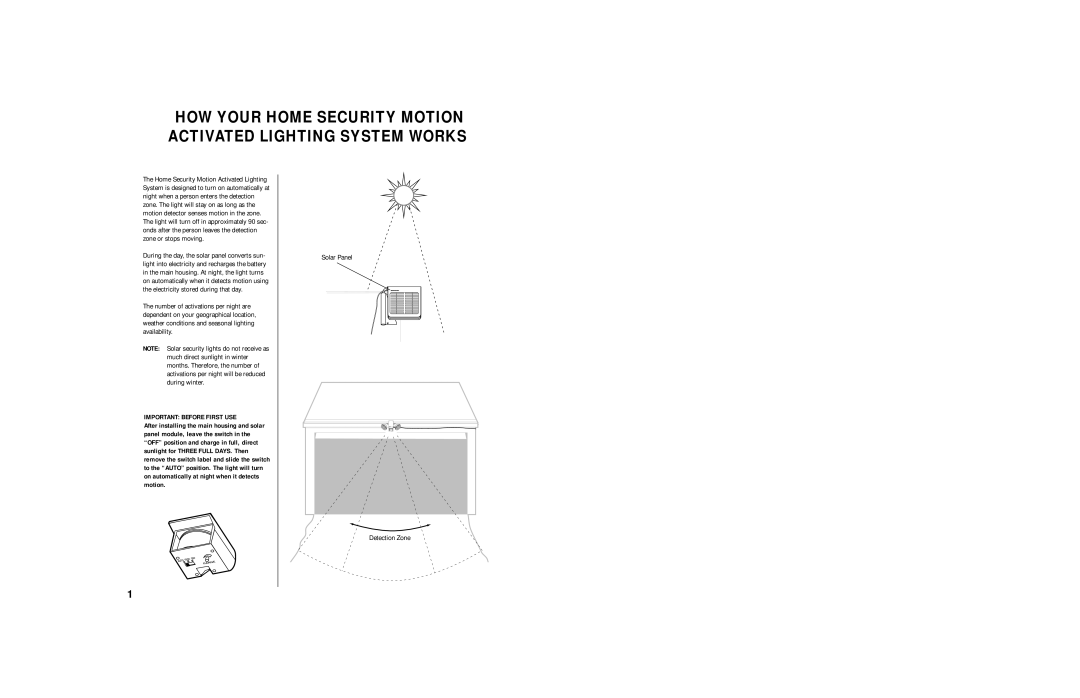 Brinkmann Sl 7 owner manual Important Before First USE, Solar Panel Detection Zone 