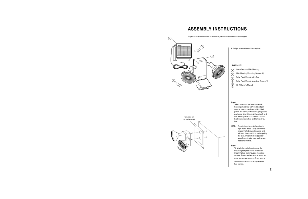 Brinkmann Sl 7 owner manual Assembly Instructions, Home Security Main Housing, Main Housing Mounting Screws, Step 