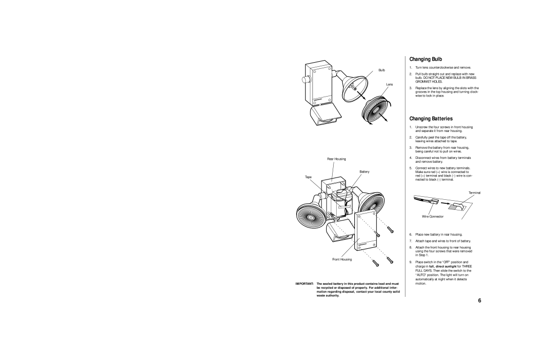 Brinkmann Sl 7 owner manual Changing Bulb, Changing Batteries, Bulb Lens Rear Housing Battery Tape Front Housing 