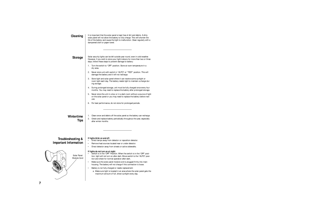Brinkmann Sl 7 owner manual Cleaning Storage Wintertime Tips, Solar Panel Module Cord, If lights blink on and off 