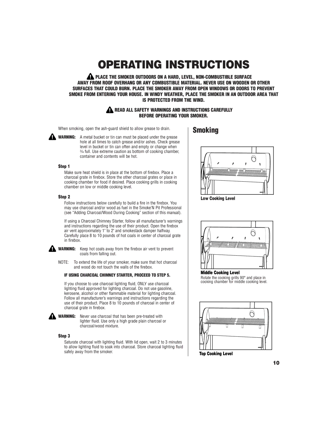 Brinkmann SMOKE 'N PIT Operating Instructions, Smoking, Step Low Cooking Level, Middle Cooking Level, Top Cooking Level 