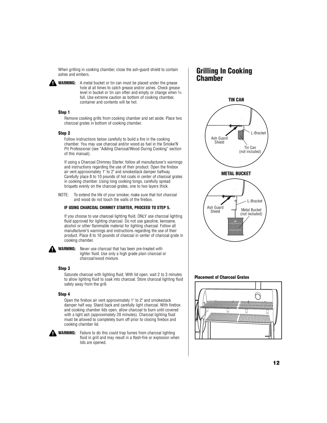 Brinkmann SMOKE 'N PIT owner manual Grilling In Cooking, Chamber, Placement of Charcoal Grates 