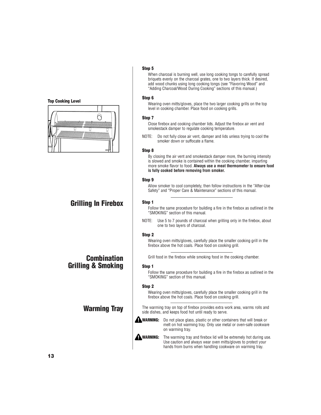 Brinkmann SMOKE 'N PIT owner manual Combination, Warming Tray 