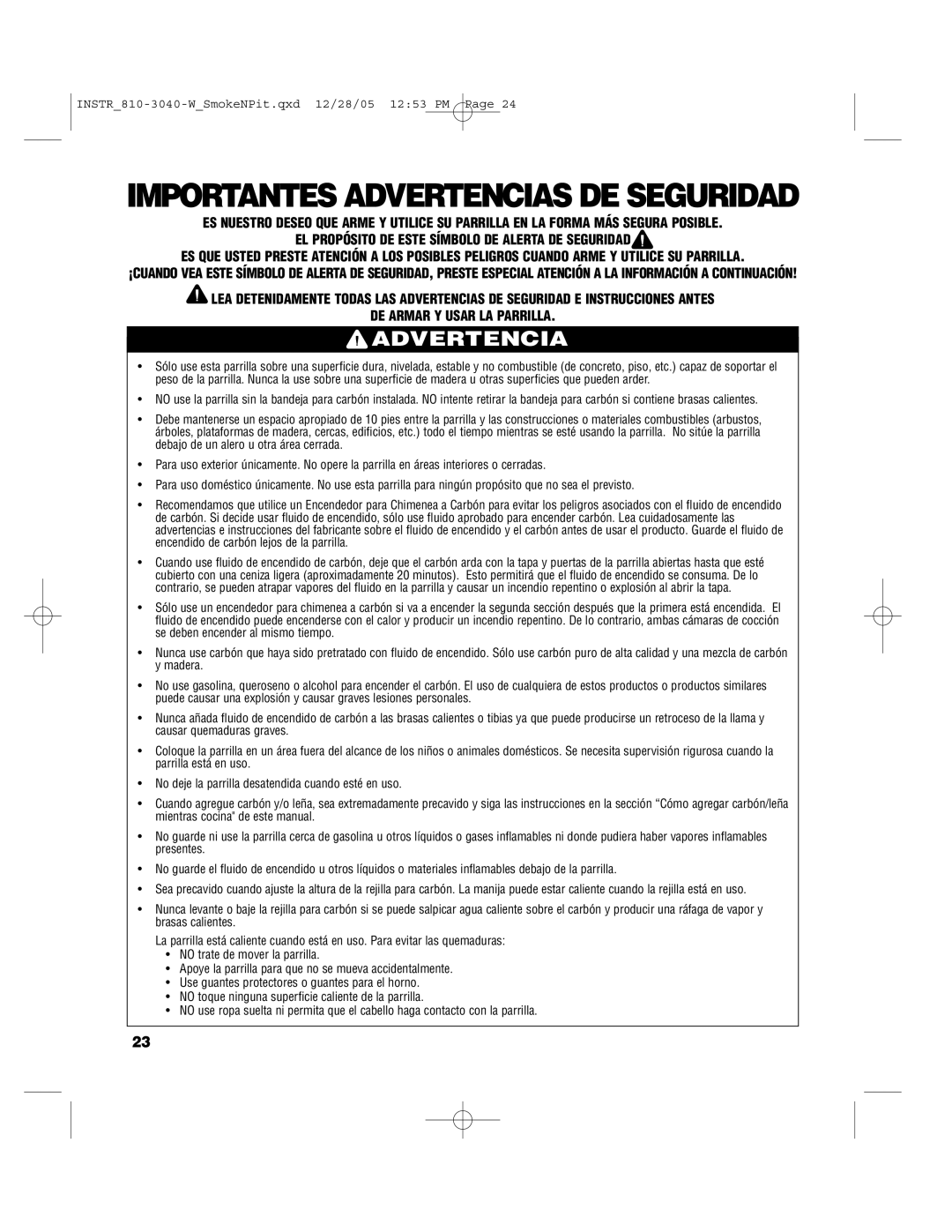 Brinkmann Smoke'n Pit owner manual Importantes Advertencias DE Seguridad 